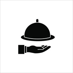Restaurant Platter icon. Covered food tray on a hand of hotel room service vector icon on white background