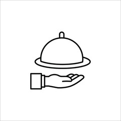 Restaurant Platter icon. Covered food tray on a hand of hotel room service vector icon on white background