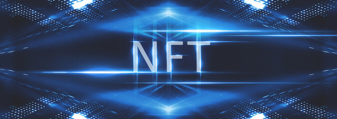 Fototapeta premium Collage signed with NFT token. Abstract NFT collage. EVERYDAYS: THE FIRST 5000 DAYS. Digital art, set of 3d illustrations. NFT concept, light rays, neon. 