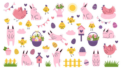 Obraz premium Big Easter set with festive elements. Easter decorated eggs, rabbit, bunny, hens, flowers, birdhouse, flower basket.Hand drawn vector cute illustration