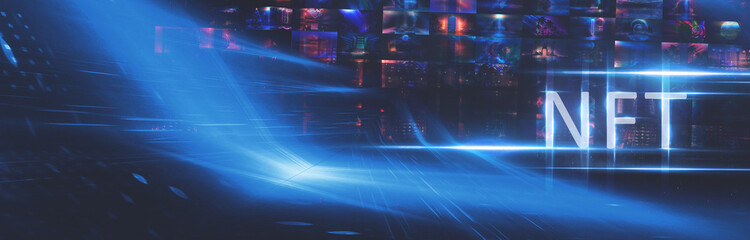 Collage signed with NFT token. Abstract NFT collage. EVERYDAYS: THE FIRST 5000 DAYS. Digital art, set of 3d illustrations. NFT concept, light rays, neon. 