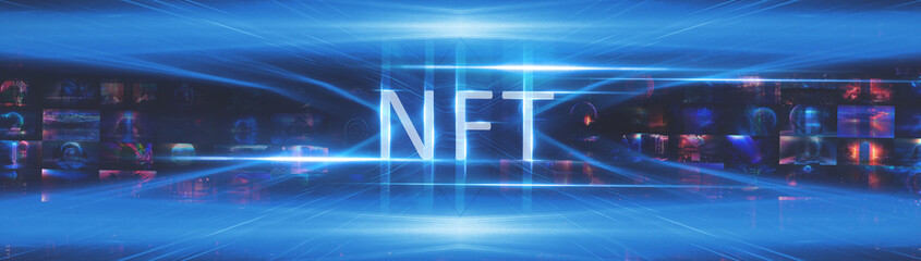 Collage signed with NFT token. Abstract NFT collage. EVERYDAYS: THE FIRST 5000 DAYS. Digital art, set of 3d illustrations. NFT concept, light rays, neon. 