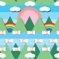 Pattern of nature landscape, seamless pattern, simple form of mountainscape, sun, lake, clouds, rainbow, sky, and flying cute fishes.