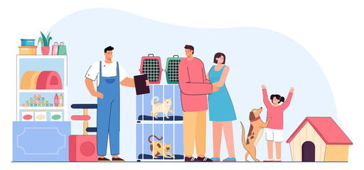 Family with kid in pet shop flat vector illustration. Happy mother, father and daughter taking dog from shelter, talking with owner. Cages with cats in background. Pet, domestic animal concept