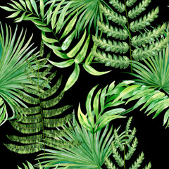 Naklejka na ściany i meble Watercolor seamless pattern with tropical green leaves and fern. Hand drawn jungle palm foliage isolated on black background. Exotic backdrop. Summer fabric. Wrapping paper. Wallpaper design.
