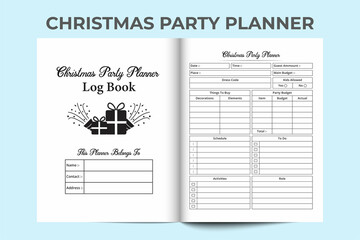 Christmas party planner KDP interior notebook. Christmas celebration party planner and budget tracker journal interior. KDP interior log book. Party budgeting journal. Xmas party planner notebook.