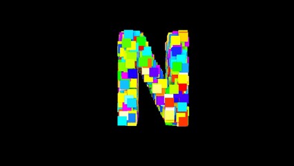 Letter N. 3D Bright colored uppercase large letter of the alphabet N on an empty black background isolate. Color font