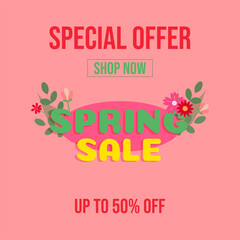 Spring sale banner up to 50% off. Floral special offer with decorative elements. Flat vector illustration. 