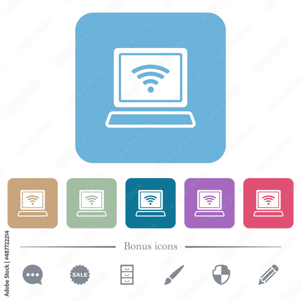 Poster laptop computer with wireless symbol alternate flat icons on color rounded square backgrounds