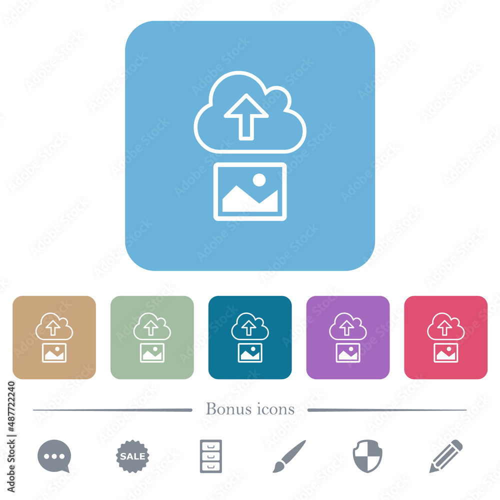 Poster upload image to cloud outline flat icons on color rounded square backgrounds