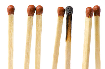Burnt matches on a white background. The concept of burnout syndrome at work. Macrophotography