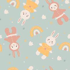 Seamless pattern with cute rabbits. Vector graphics.