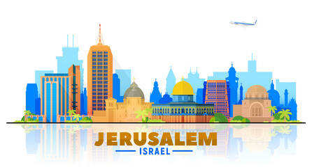 Obraz premium Jerusalem, Israel skyline with panorama in white background. Vector Illustration. Business travel and tourism concept with modern buildings. Image for presentation, banner, website