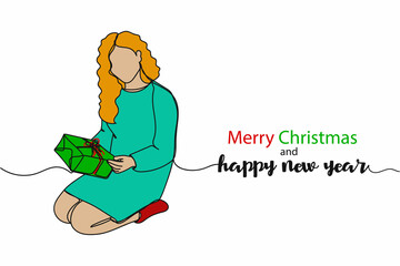 Vector abstract continuous one single simple line drawing icon of bottle with girl opens christmas gifts in silhouette sketch.