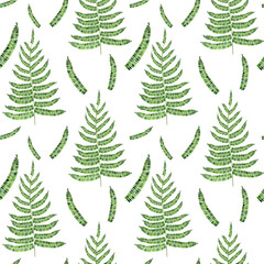 Obraz premium Fern branch seamless watercolor pattern. Hand drawn botanical illustration. Endless texture with fern foliage on isolated background. Green leaves wallpaper. For printing on fabric and wrapping paper.