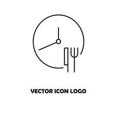 Dinner time, clock. Plate, fork, knife icon. Food symbol for bar, cafe, hotel concept. Eating icon in black. Ready to eat healthy food. Vector logo sign for dinner, breakfast, lunch meal menu service
