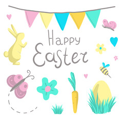 Easter vector illustration set. Pastel color egg, bunny, butterfly, bee, heart, flower, grass, carrot, garland, daisy, sign Happy Easter. Colorful spring card. Easter clipart.
