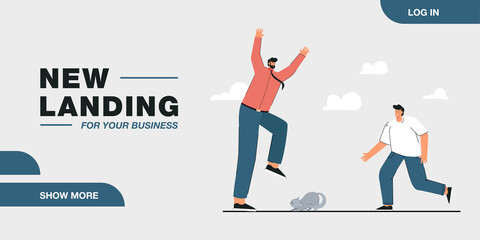 Veterinarian saving cat from being stomped on. Pet sitting under foot of tall man, medical professional rushing to help flat vector illustration. Veterinary, animals concept for banner, website design