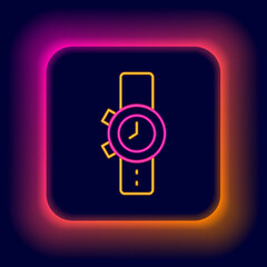 Glowing neon line Wrist watch icon isolated on black background. Wristwatch icon. Colorful outline concept. Vector