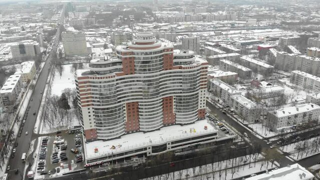 Aerial view of the residential complex Alye Parusa in winter (Kirov, Russia)