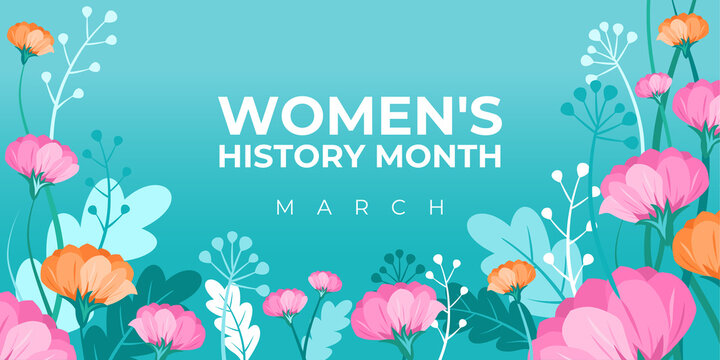 Women's History Month. Vector banner, poster, flyer, greeting card for social media with the text Women s History Month, march. Beautiful bouquet of flowers on blue background. Concept for women.