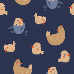 Seamless vector pattern with cute chickens and chicks