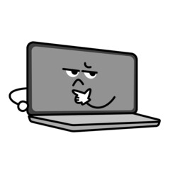 ノートパソコンのキャラクター。何かを悩んでいるPCのイラスト。