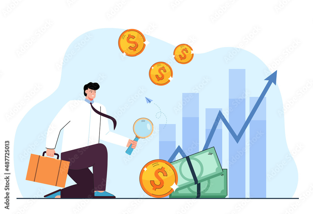 Poster office worker examining money with magnifying glass. employee and cash with bar graphs in background