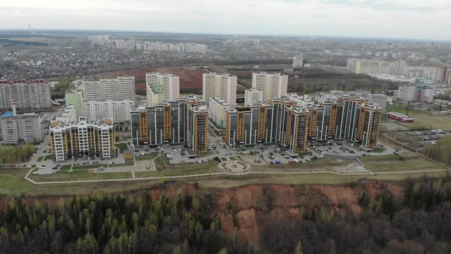Aerial view of Sunny Beach microdistrict in spring (Kirov, Russia)