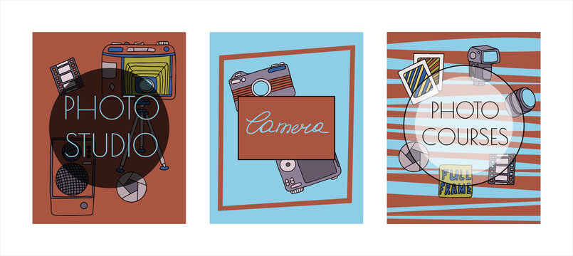 Vector photo cameras sketch banners. Hand drawn style. Different types of cameras in retro and modern style. Doodle accessories for photographers. Flash, lens, light, lens
