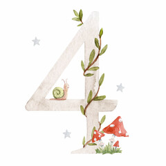 Beautiful stock illustration with watercolor hand drawn number 4 and cute mushrooms for baby clip art. Four month, years.