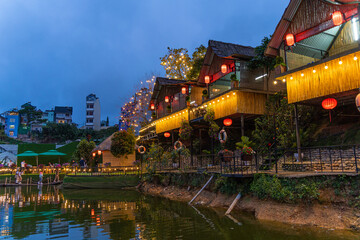 An Son Ho lake in sunset, Da Lat, Viet Nam. Beautiful landscape with clouds and misty. Panorama