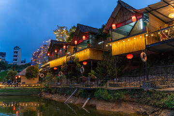 An Son Ho lake in sunset, Da Lat, Viet Nam. Beautiful landscape with clouds and misty. Panorama
