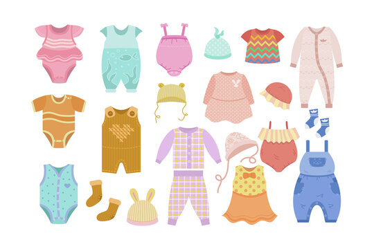 Clothes for newborn boy and girl cartoon illustration set. Cute colorful pants, shirts, dresses, overall, onesie, bonnets, socks for children isolated on white background. Babys apparel concept