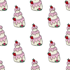 Happy birthday cake doodle black outline seamless pattern