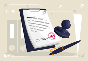 vector illustration of sheets of paper with contracts signed and stamped by the organization, business documentation