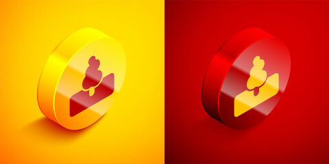 Isometric Tree icon isolated on orange and red background. Forest symbol. Circle button. Vector