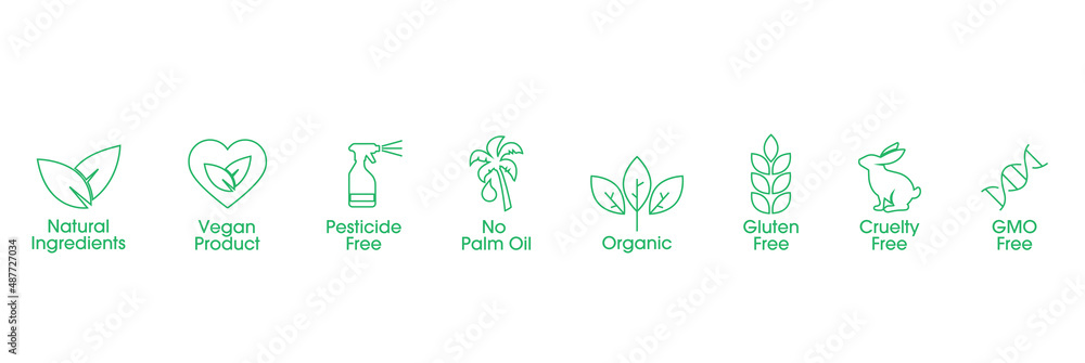 Poster natural ingredients, vegan product, pesticides free, no palm oil, organic, gluten-free, cruelty-free, GMO-free icon set