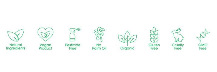 Fototapeta na wymiar natural ingredients, vegan product, pesticides free, no palm oil, organic, gluten-free, cruelty-free, GMO-free icon set
