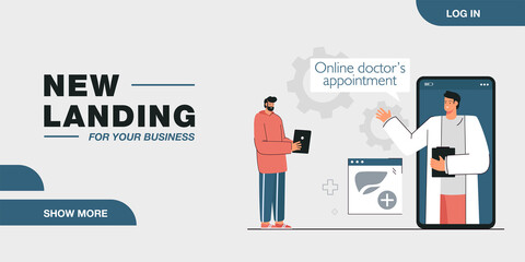 Patient consulting doctor online through huge phone. Medical professional on screen, online appointment flat vector illustration. Healthcare, technology concept for website design or landing web page
