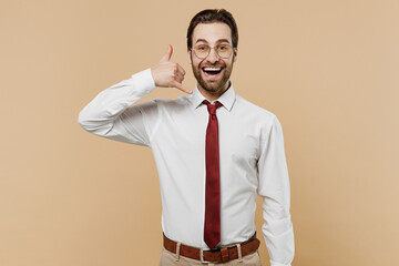 Young successful employee business man corporate lawyer 20s in classic formal white shirt red tie...