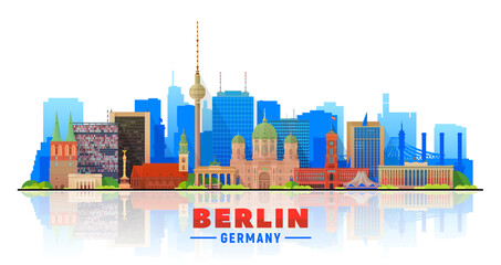 Berlin skyline on a white background. Flat vector illustration. Business travel and tourism concept with modern buildings. Image for banner or website.