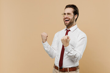 Side view young successful employee business man corporate lawyer 20s in classic formal white shirt...