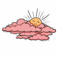Sun and Cloud kids drawing for nursery in cartoon outline style. Girl pink vector illustration isolated on white