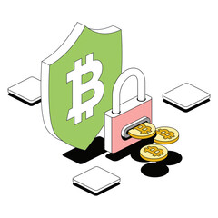 Security shield, bitcoin coins, lock. Vector 3d sketch line isometric style, color icon illustration. Creative design idea and infographics elements.