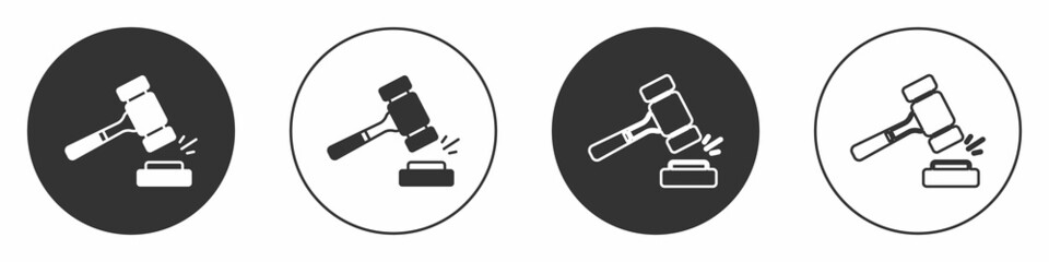 Black Auction hammer icon isolated on white background. Gavel - hammer of judge or auctioneer. Bidding process, deal done. Auction bidding. Circle button. Vector