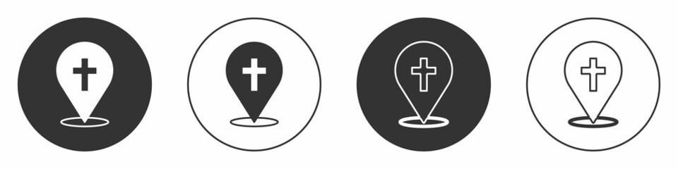 Obraz premium Black Map pin church building icon isolated on white background. Christian Church. Religion of church. Circle button. Vector