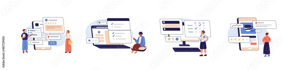 Poster online survey and customers feedback concept. assessment of users experience of services, opinions, 
