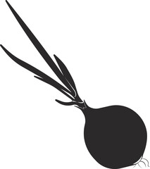 Fresh onion with a head and leaves. Flat black silhouette.