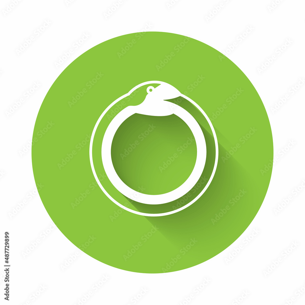 Poster white magic symbol of ouroboros icon isolated with long shadow background. snake biting its own tail